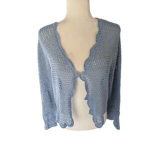 RQT Womens L Blue Crochet Knit Cardigan Scalloped Cropped Sweater Ramie Cotton
